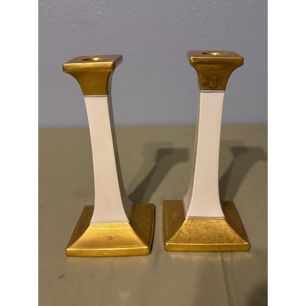 Antique 1910-1919 Pickard China Porcelain Tall Candlesticks, Gold and Ivory